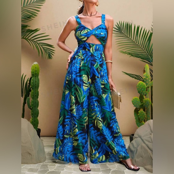 SHEIN VCAY Vacation Style Botanical Printed Spaghetti Strap Jumpsuit - Picture 3 of 7